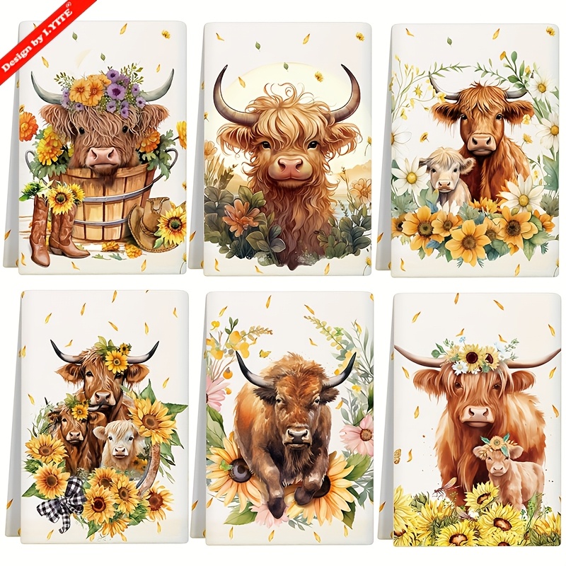 TEMU Ensemble de 6 torchons de cuisine amusants, torchons à motif vache Highland et tournesols, 16X24 pouces en microfibre, serviette pour