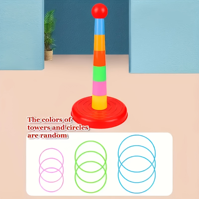 [Set of Colorful Ring Toss Game] (Random Color) Colorful Plastic Sport Ring Toss Game Set Party Outdoor Puzzle Hoop Kindergarten Competition Game Stall Halloween Christmas Gift(Nine circles + one tower)