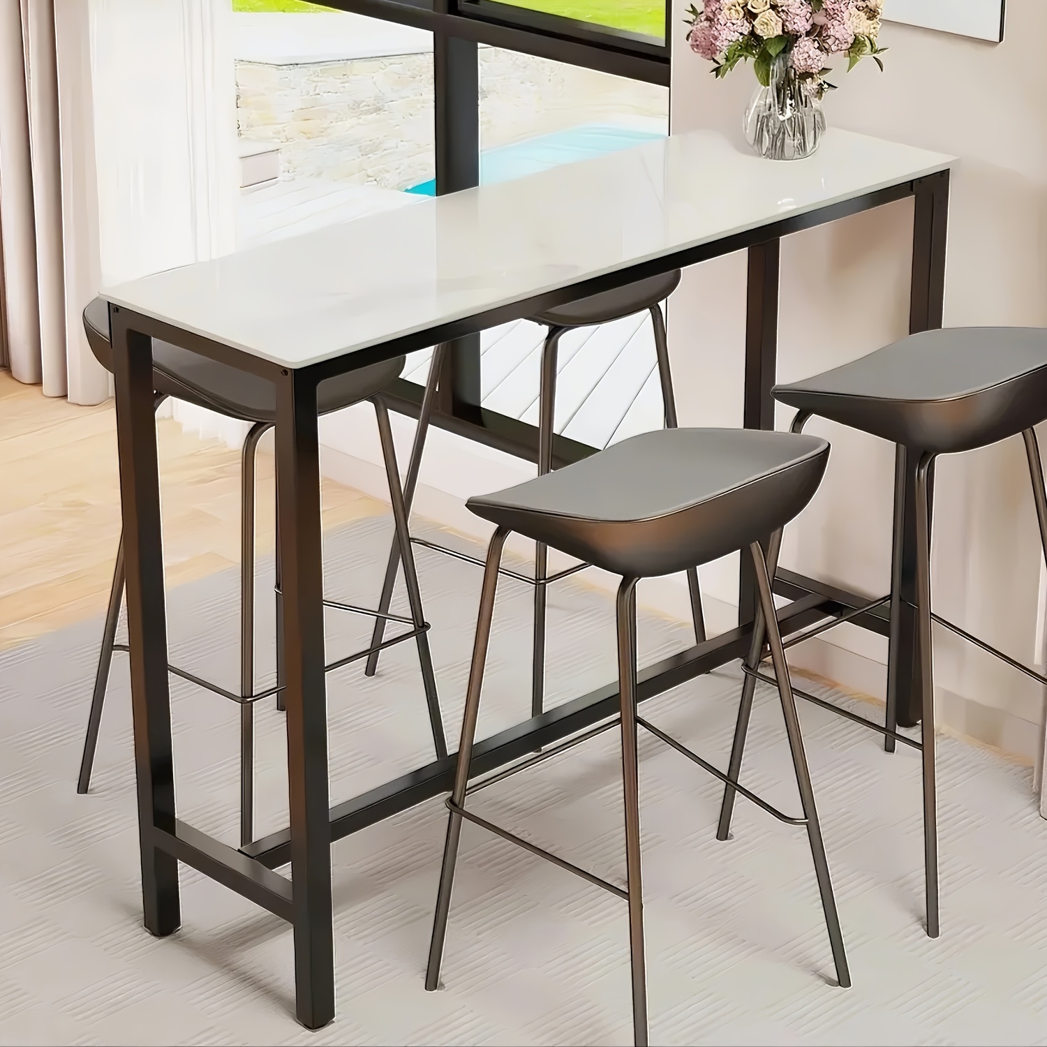 AESOME Counter Height Table Rectangle Sintered Stone Tabletop 47.2in Narrow Long Kitchen Dining Table 41.4in High Top Table Living Room Furniture, Sturdy Metal Frame