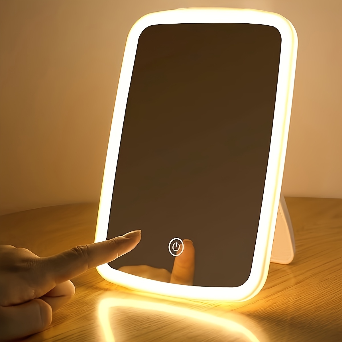 E-shop Weißer LED-Schminkspiegel mit Touch-Sensor stufenloser Dimmung, polierte Spiegeloberfläche, tragbarer Spiegel, Schminkspiegel mit Standfuß für
