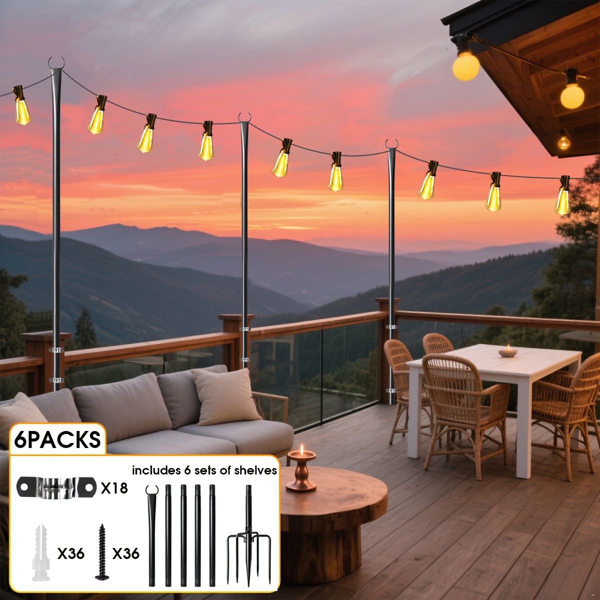 Image of 6-pack String Light Poles For Outside, 10ft Patio Light Poles For String Lights, Heavy Duty Metal Poles Stand For For Hanging Lights, Patio Deck Backyard, Wedding, Christmas, Party