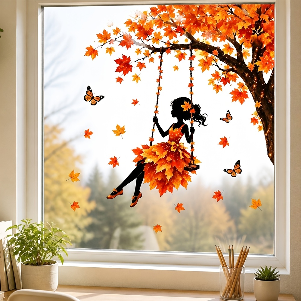 TEMU 1pc Autumn Maple Leaf Swing Window Cling, Removable Glue-free Static Cling Glass Sticker, Fallen Leaves And Butterflies Home Window Decorative
