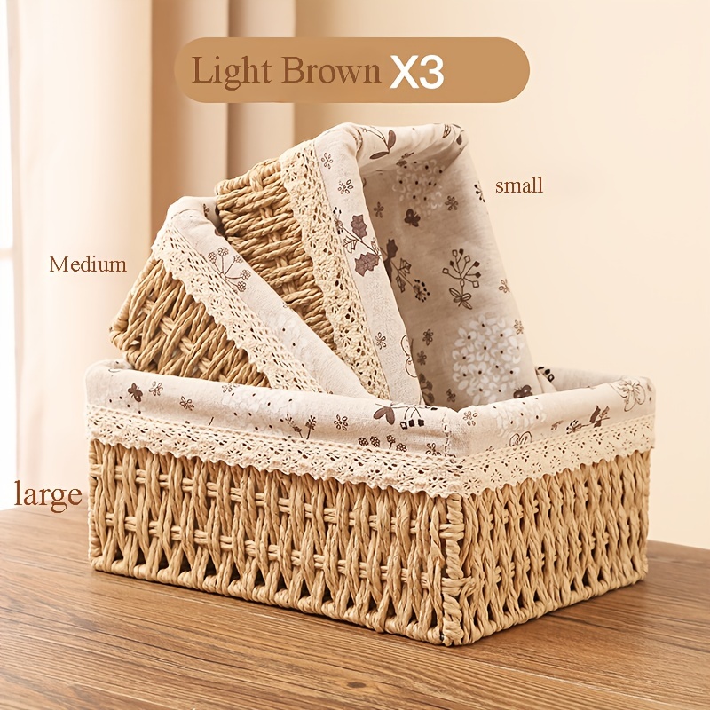 

3pcs Rattan Storage Basket, Hand-woven Cosmetic Storage Box, Vintage Country Style Grocery Storage Basket, Desktop Storage Box, Shelf Baskets