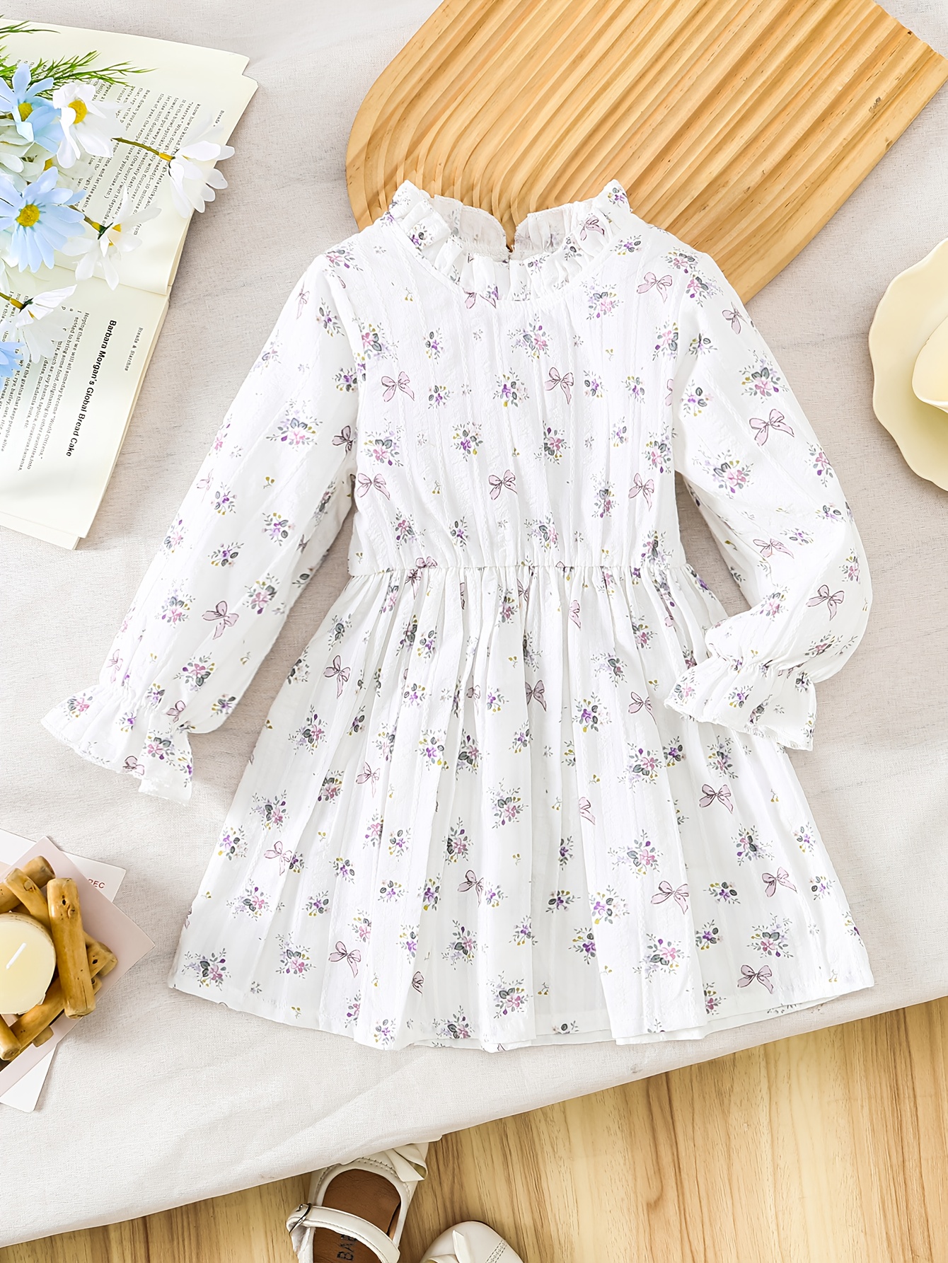 1pc Girls Floral Print Dress with   Sleeves & Tie-Waist - Soft Breathable Fabric, White with   Flowers,   Spring/Fall Casual Outfits, Dresses for Girls,   Clothing, Nonstretch Material