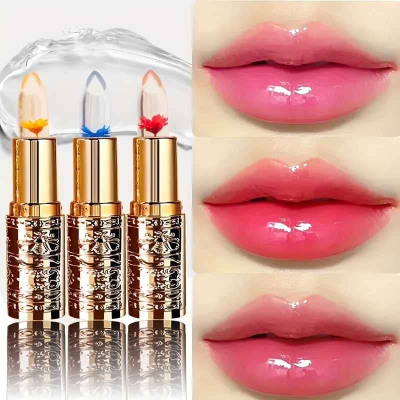 TEMU 3pcs Petal Jelly Color Changing Lipstick, Jelly Color Changing Lipstick, Moisturizing, Smooth Glossy Lips, Transparent And Temperature Changing