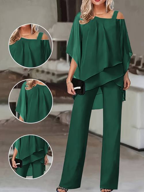 womens pants suit solid color cold shoulder business party office elegant off shoulder irregular top and bottom set