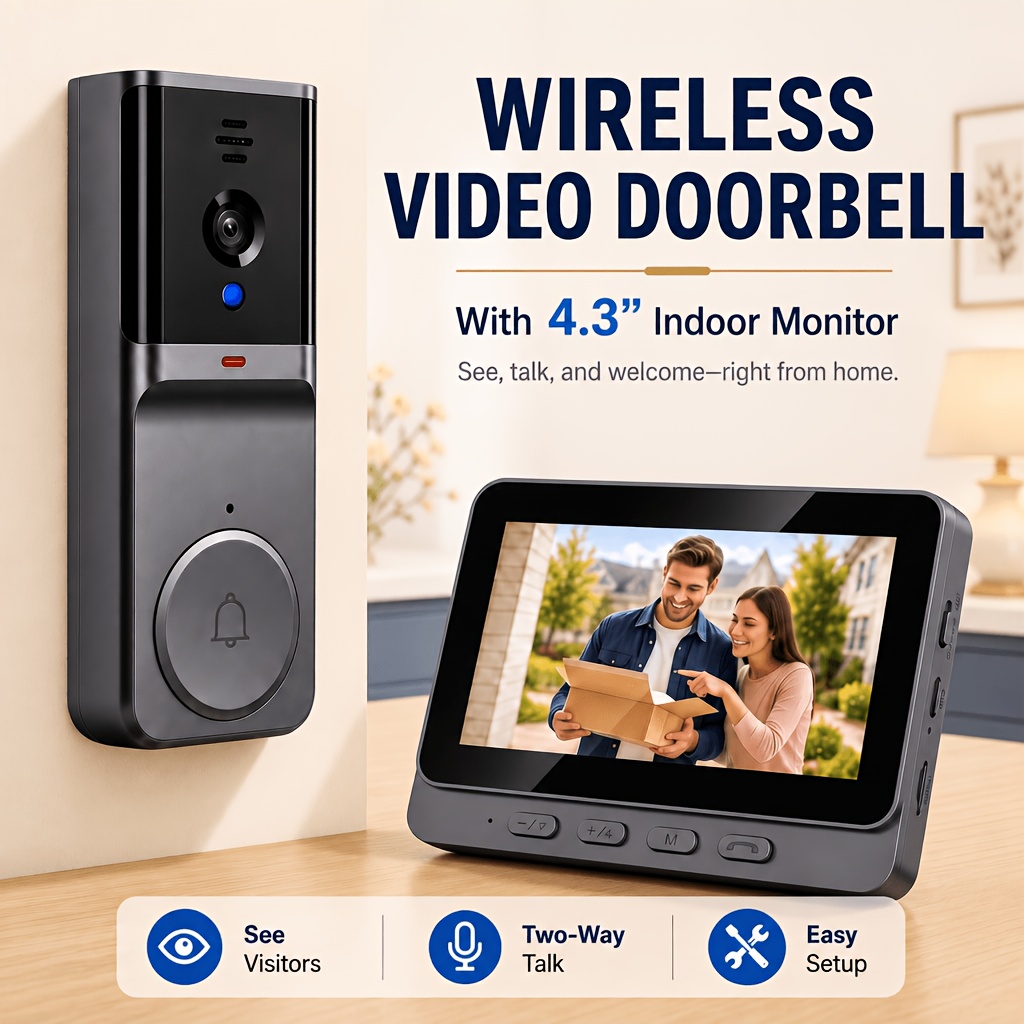 TEMU Smart Doorbell Camera System With Doorbell Camera & 4.3-inch Ips Display, Audio/video Intercom, Hd Night Vision, Rechargeable, No Required