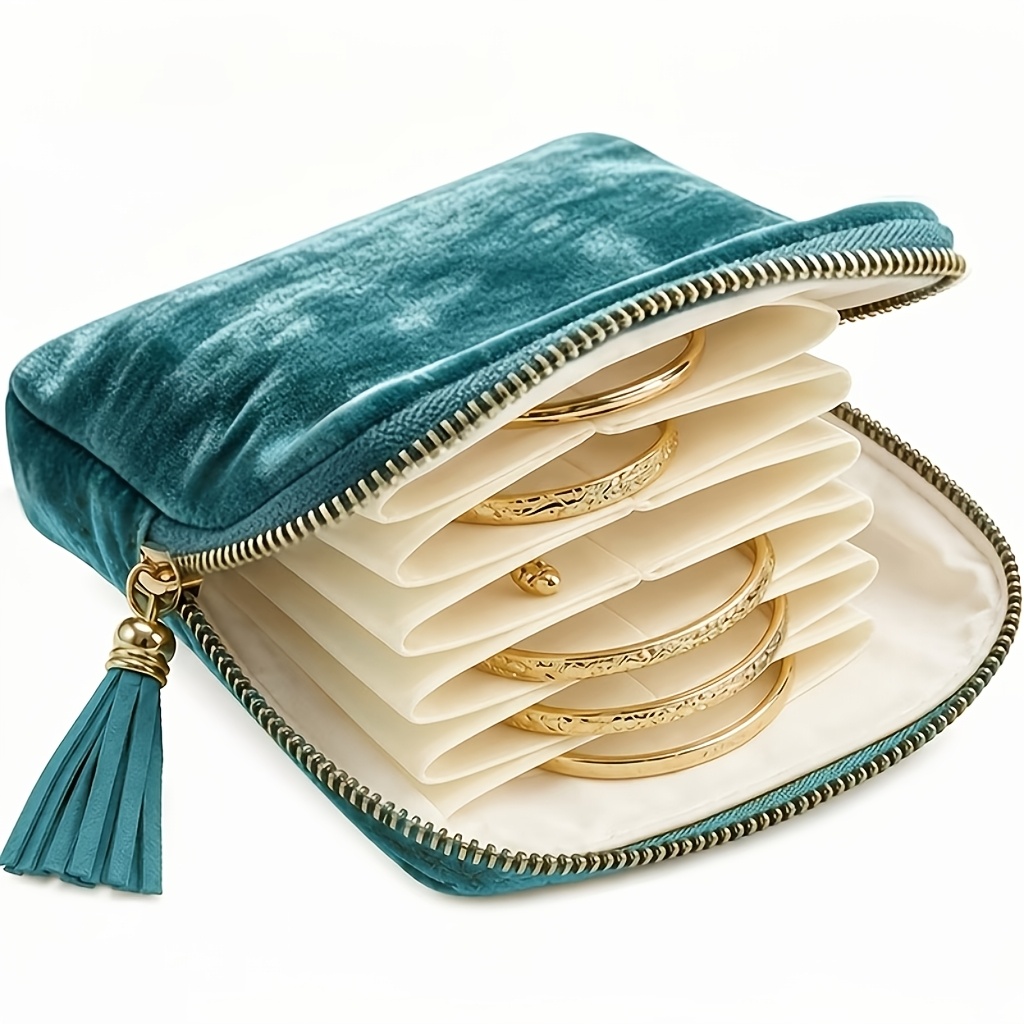 TEMU Portagioie da viaggio in velluto a 6 , custodia portatile con cerniera, borsa antipolvere per anelli, orecchini, braccialetti, rotolo per
