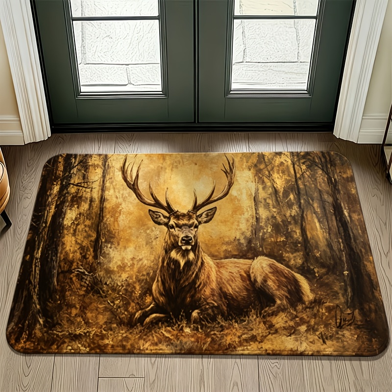 TEMU 1pc Forest Atmosphere Doormat, Deer Pattern - Large Stag With Rugged Antlers, Machine Washable, Suitable For Christmas Decor Or As A Gift For