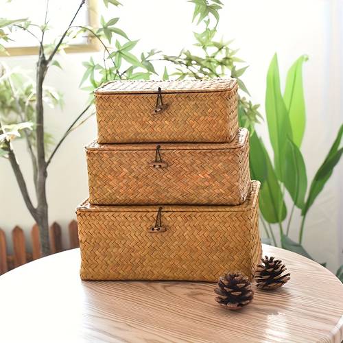 item picture 3pcs woven storage baskets with lids rustic organizers woven fabric rectangular bins suitable for desk drawer bathroom bedroom living room dorm space saving decor storage basket