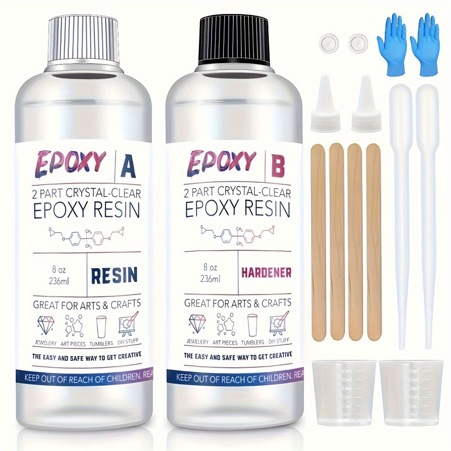 16oz/472ml Kit De Resina Epoxi (8oz/236ml A+8oz/236ml B) - Resina Epoxi Líquida Cristalina Transparente Para Joyería, Manualidades De Arte DIY, Kit De Fundición De Moldes Con 4 Palos De Regalo, 2 Tazas Medidoras, 2 Pares De Guantes, 2 Goteros E Instrucciones Detalladas | Kit De Inicio Perfecto Para Principiantes