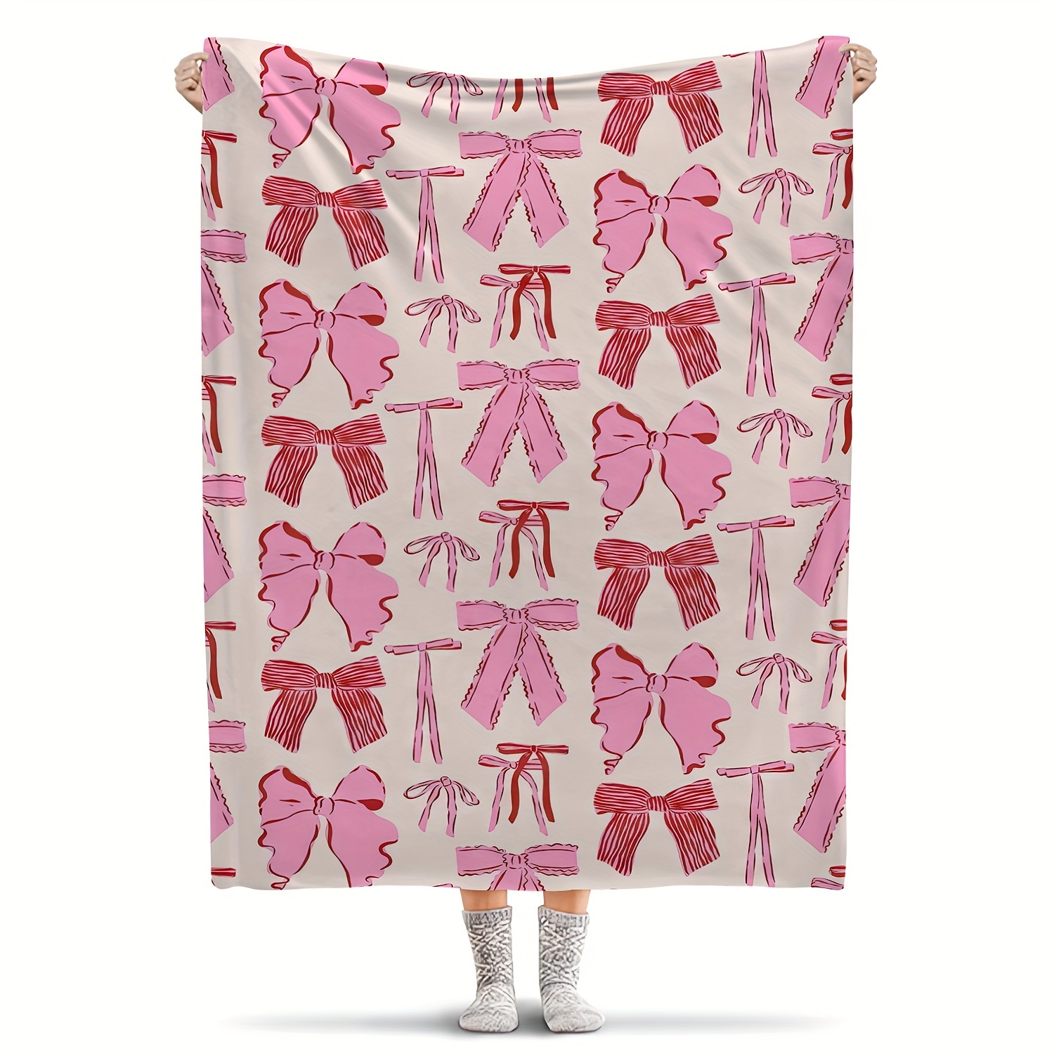 

Pink Bow Patterned Fleece Blanket - 100x150cm, 130x150cm, 200x150cm - Soft, Comfortable, And Versatile For All Seasons