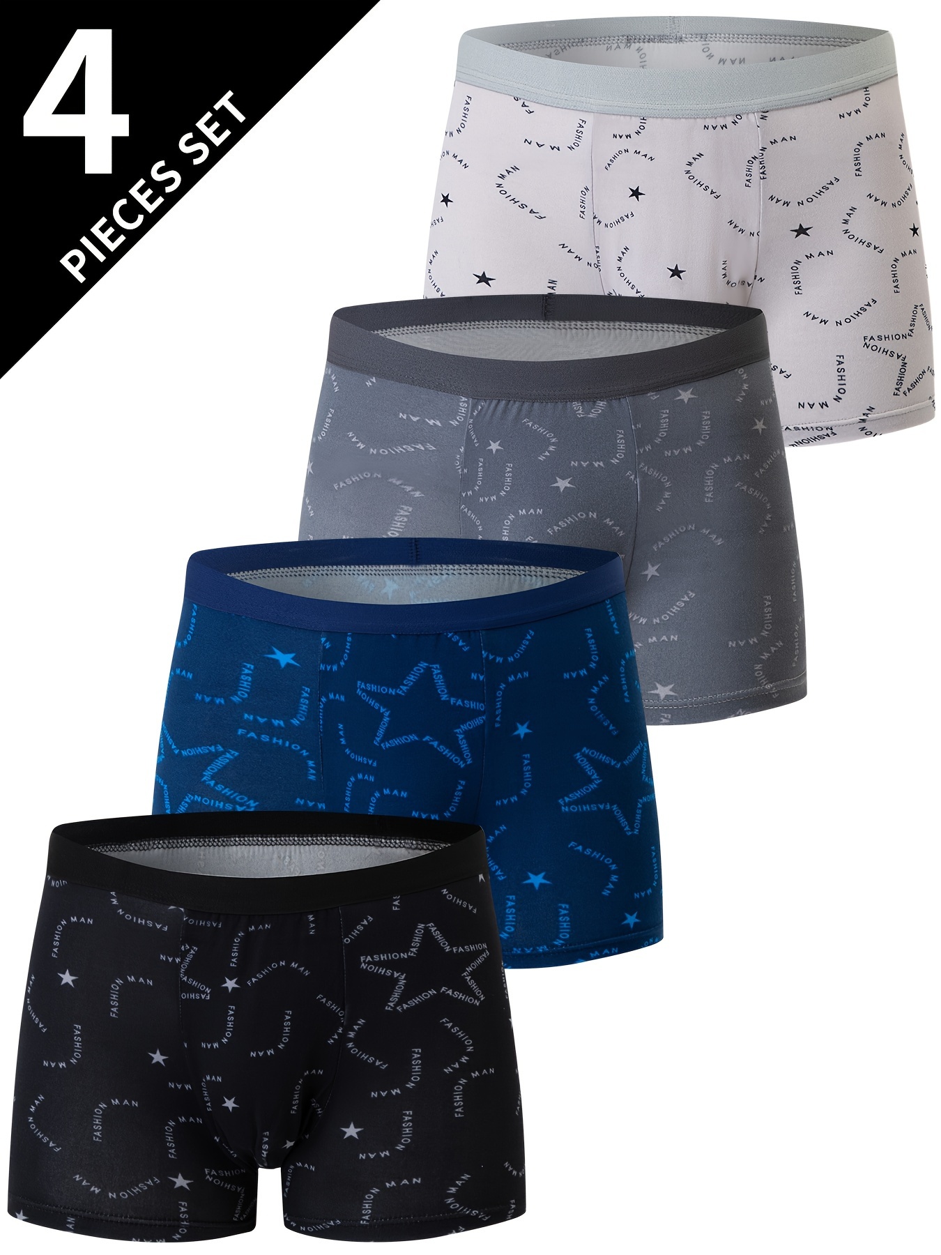 4pcs Men's Fashion Pattern Print Boxer Briefs, Crotch Mid-waist Breathable Comfortable Boxer Trunks, Elastic Sports Shorts, Men's Casual Underwear for Daily Wear