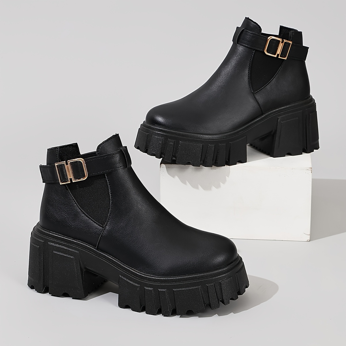 TEMU Women Dress Shoes And Boots, Minimalist Black Elastic Side Buckle Ankle Boots, Elevated Thick Platform All-match Street Footwear, Women Shoes