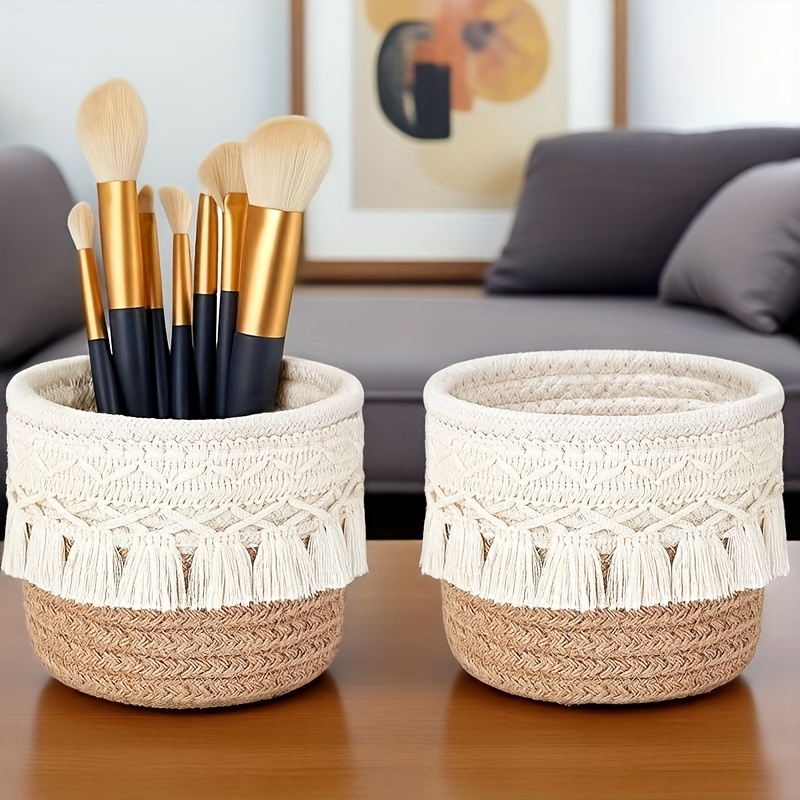 sendpistil vintage round woven desktop storage basket with fringe natural fabric makeup brush organizer for vanity bathroom desk decorative cosmetic accessories organizer shelf baskets Product details 0