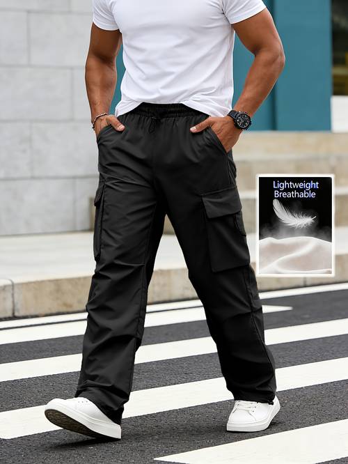 lightweight breathable cargo trousers for men featuring an elastic waistband with a drawstring loose wide legs multiple pockets and quick dry fabric ideal for outdoor hiking streetwear everyday use and fashion