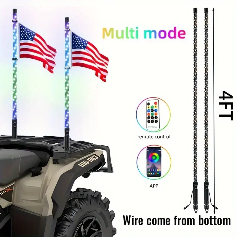 Aaiwa 4FT RGB LED Whip Lights Spiral Antenna With Flag & Remote APP – Pair For UTV ATV RZR Polaris Can-Am, 3-Year Warranty