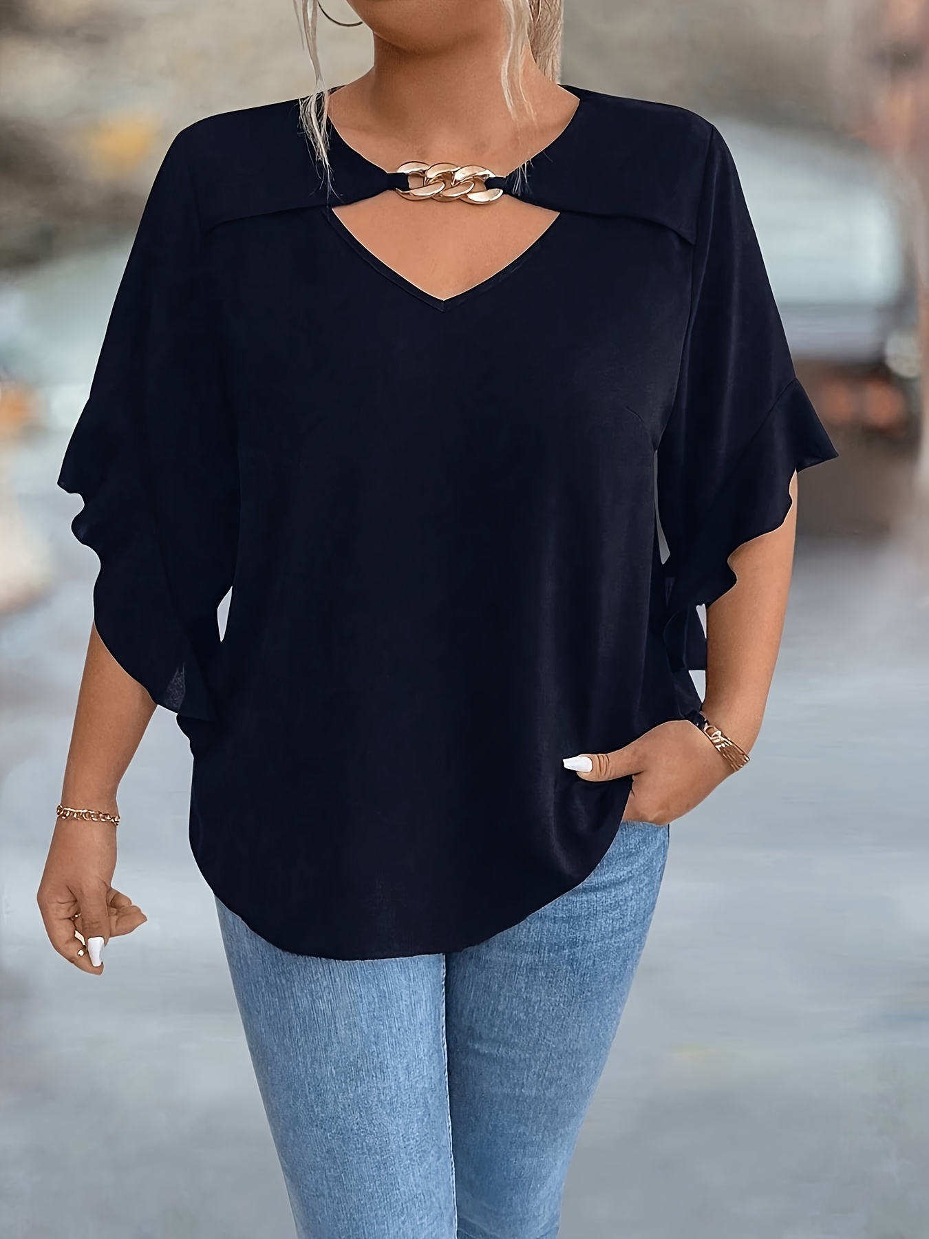 Women'S Plus Size V-Neck Blouse - Soft Pink, Ruffled Sleeves, Casual Summer Top with Golden Chain Detail, Casual Wear|Ruffled Sleeve Top|Vneckline Top