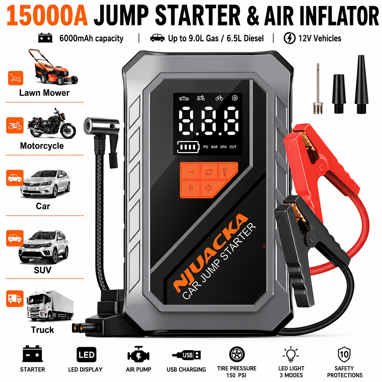 item picture 15000A 8-in-1 Portable Car Jump Starter With Air Compressor, 150 PSI Tire Inflator, Battery Booster Pack, Power Bank, LED Emergency Flashlight, Emergency Tool Kit For Cars, SUVs, Motorcycles And Outdoor Adventures., Open in new tab.