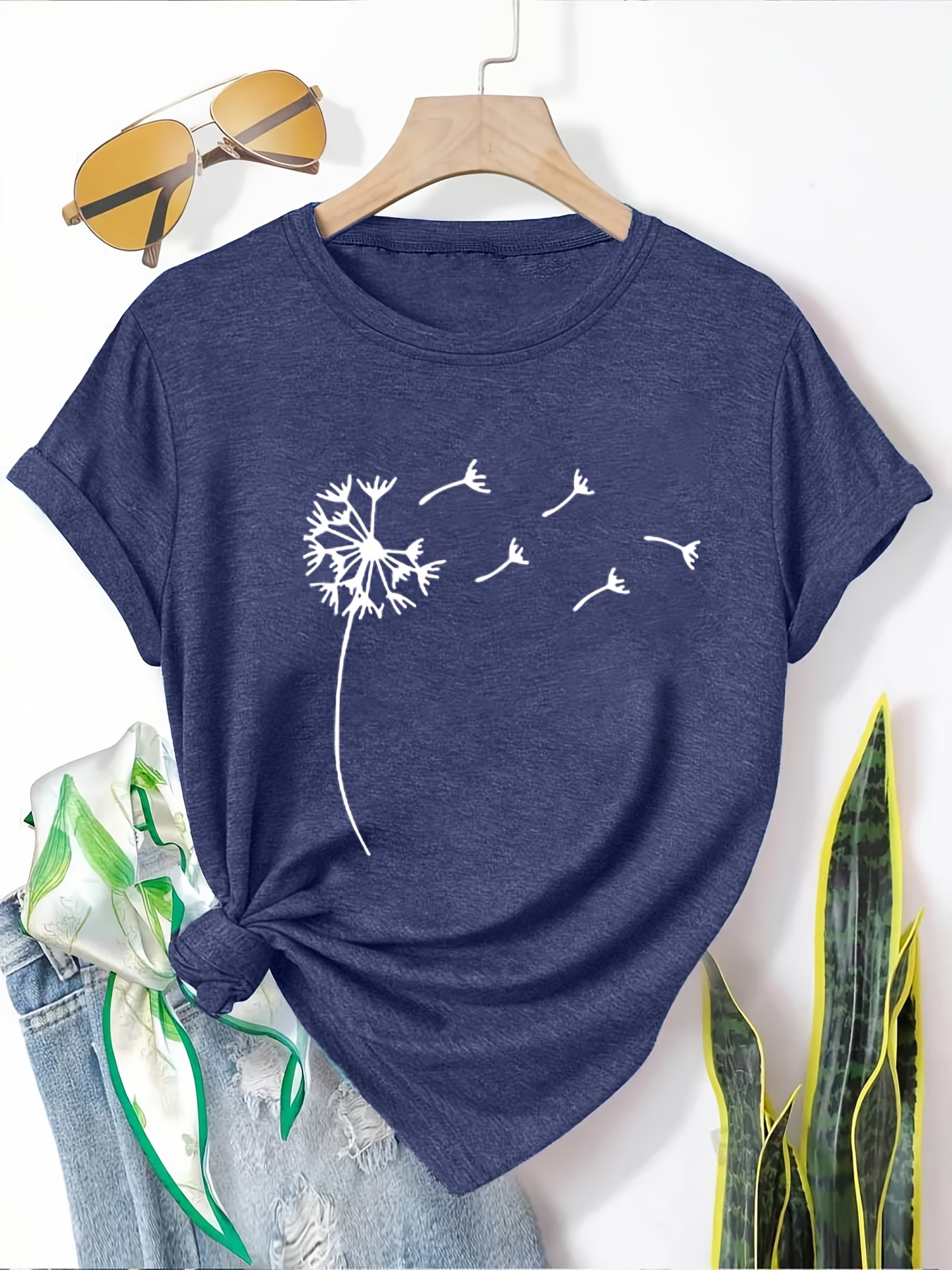 5pcs womens casual short sleeve t shirts summer round neck geometric print tees with dandelion floral     options breathable machine washable fabric cute t shirts everyday outfit     printed   adults Product details 16