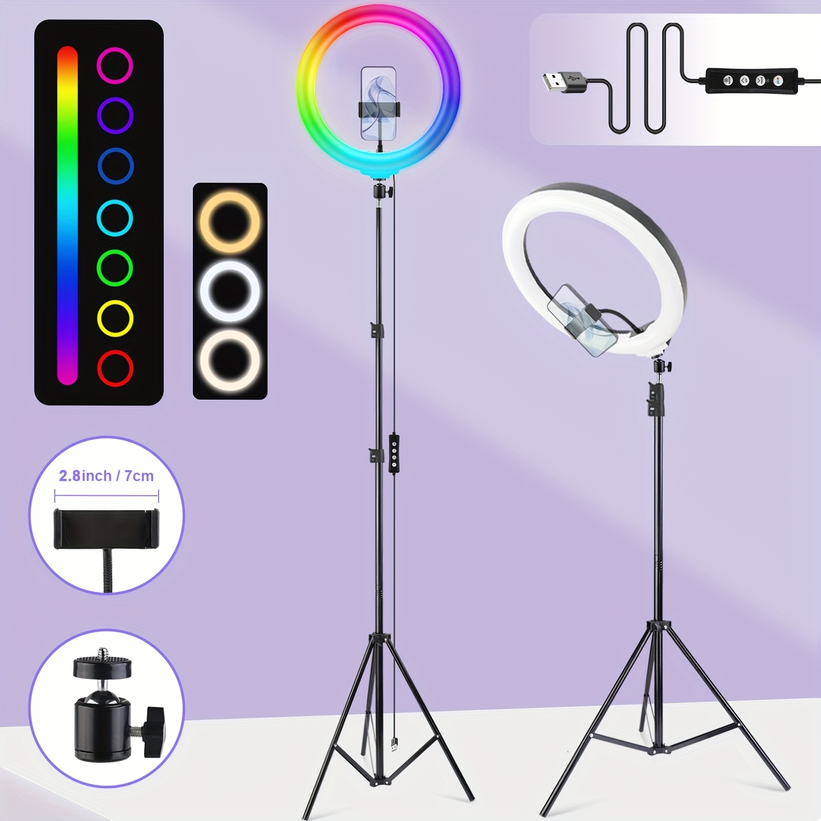 TEMU Uegogo 12-inch With 63-inch Adjustable Tripod, Rgb Color , Dual Brightness Settings (70%/100%), Usb Powered For Live Streaming, Makeup, Video