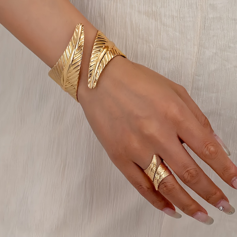 

Elegant Women's Golden- Bohemian Bracelet And Ring Set - Minimalist Leaf Design, Jewelry, Iron Accessory, Wear|minimalist Jewelry|feather Motif Jewelry, Vintage Jewelry