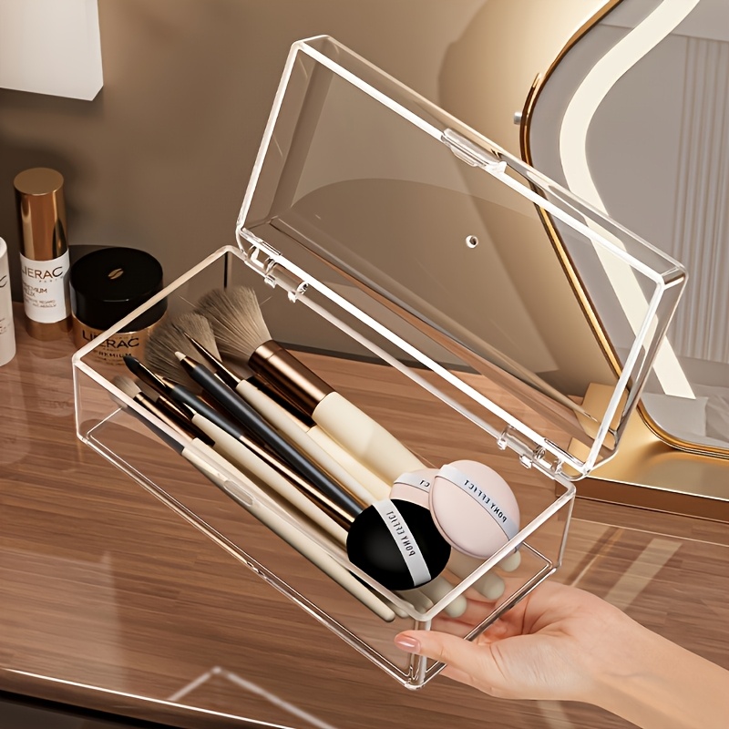TEMU Clear Acrylic Makeup Organizer Box With Brush Holder – Dustproof, Lightweight, No Power Needed, Under 3.2 Cubic Feet Capacity, Lipstick, Eyeshadow, Brushes, Sponges – Compartments, Makeup Brushes