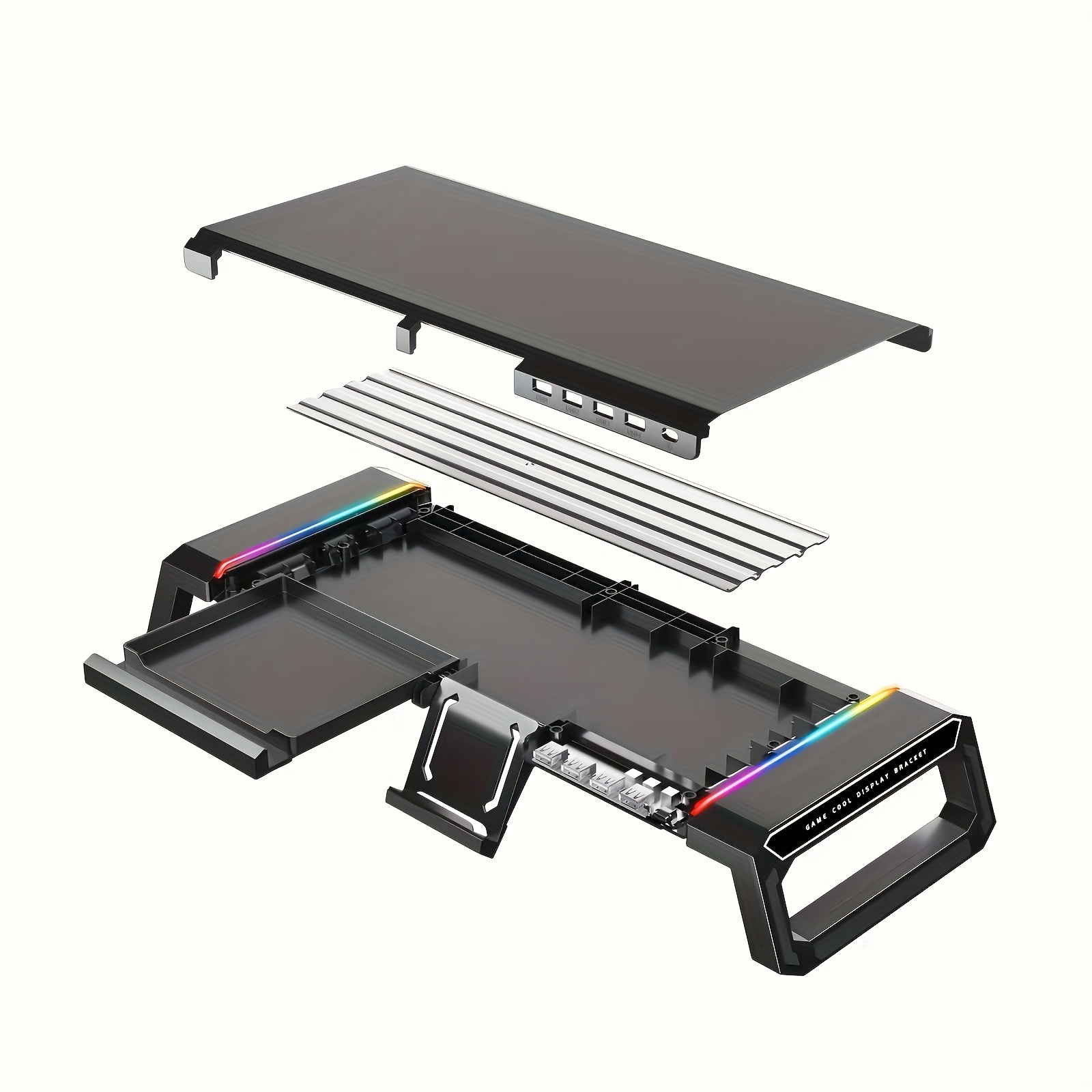 Ergonomic Monitor Stand with RGB Lighting, 4 USB Ports & Storage Compartment – Adjustable Height up to 80mm, Foldable Design for PC, Laptop, Desktop, and Mobile Devices, Device Accessory | Nonslip Features, Monitor Stand for Desk