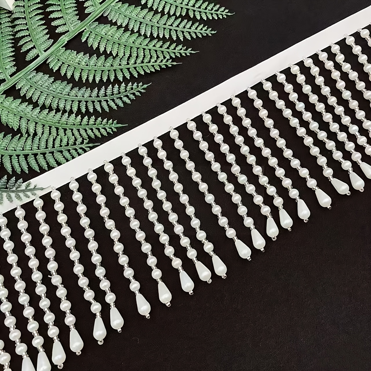 TEMU Finitura con nappe, pizzo con nappe di perle e perline, nastro con nappe di perline da 11 cm, nappe con ciondolo di perle per abbigliamento e
