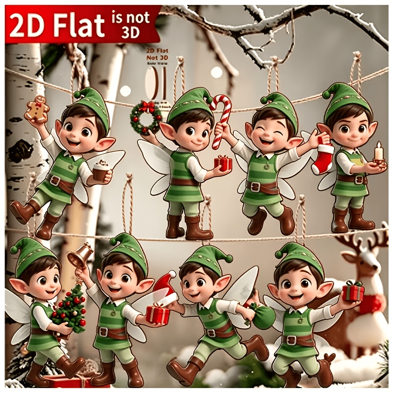Image of 2d Flat, 8pcs Christmas Eve 2d Elf Little Boy Wooden Hanging Ornaments With Rope, Outdoor Party Decorations, Christmas Decor, Outdoor Christmas Decorations, Christmas Gift, 2d Flat