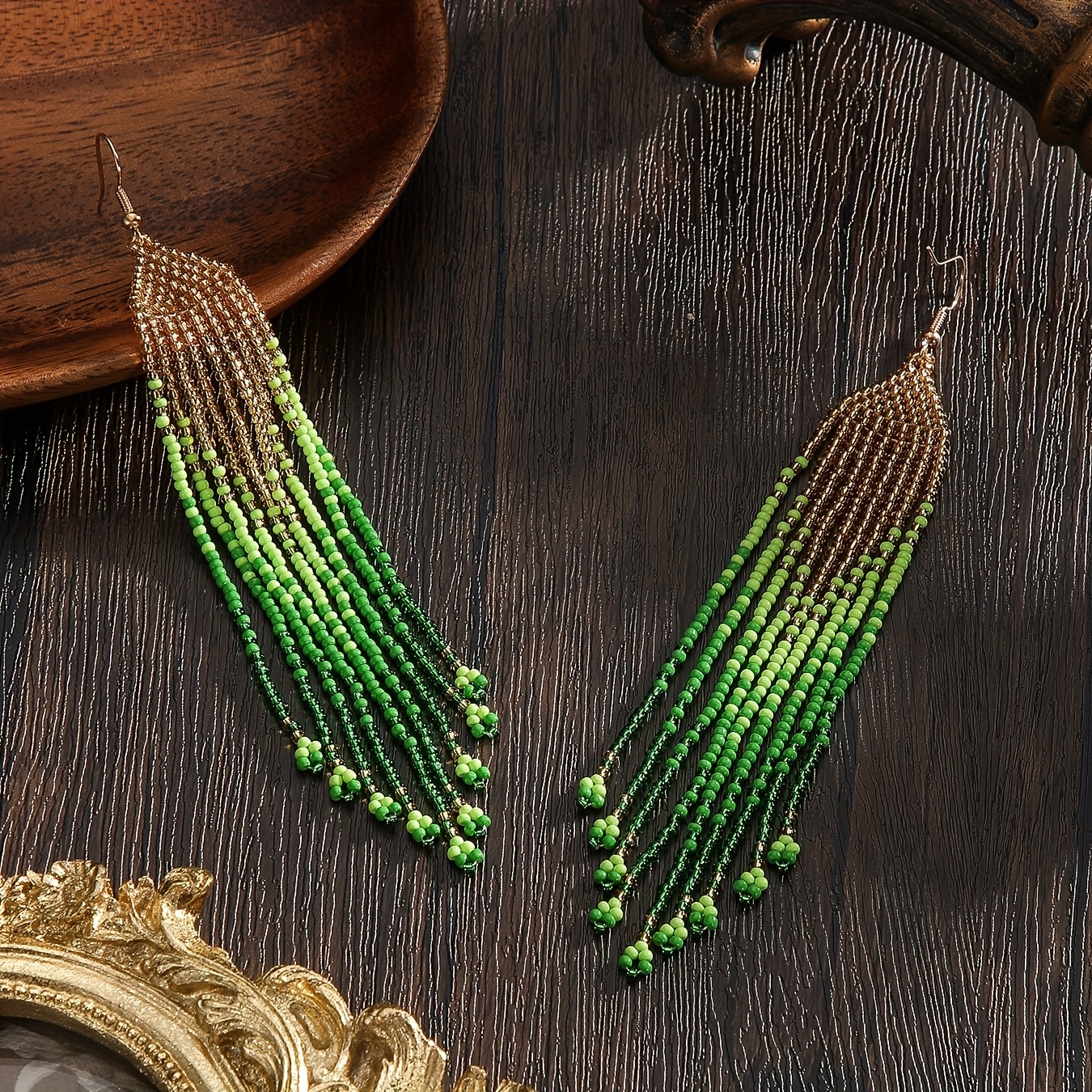 TEMU Hand-woven Bohemian Beaded Earrings, Simple , Green And Color Scheme, Gradient Long Tassels With A Swaying Drape, Elegant And Stylish Accessory.