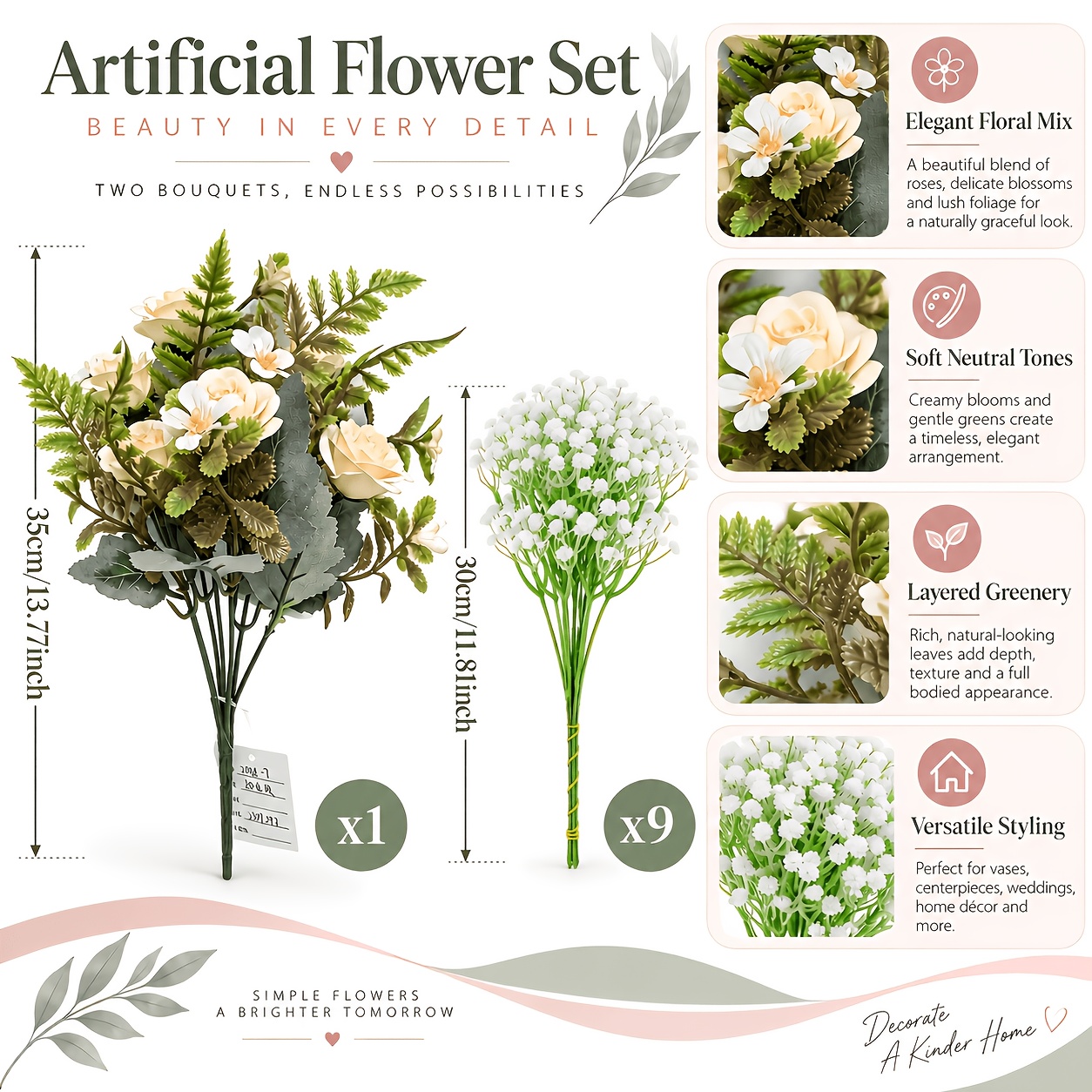 TEMU 10pcs White High-end Artificial Roses, Peonies, Hydrangea Petals, And Baby's Breath Bouquet - Snowflake Fabric - - Suitable For Home Decor -