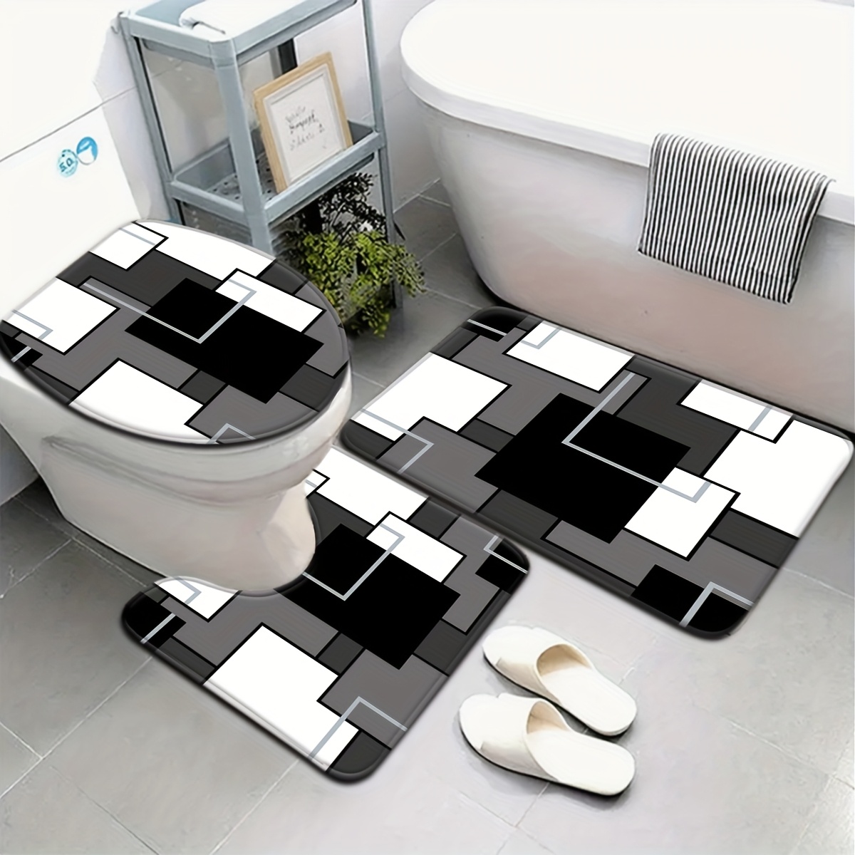 TEMU 3pcs/4pcs Stylish And Easy Gray Geometric Pattern Bathroom Mat Set With Toilet Lid Cover And Rug, U-shaped Foot Mat For Bathroom Decor