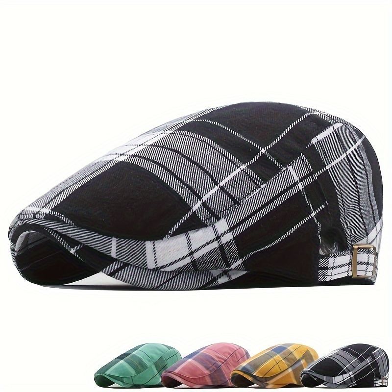 

Cotton Unisex Beret Caps For Spring/summer - Lightweight, Breathable Plaid Painter Hats With Inelastic Fit, Vintage British Duckbill Style, Holiday Themed