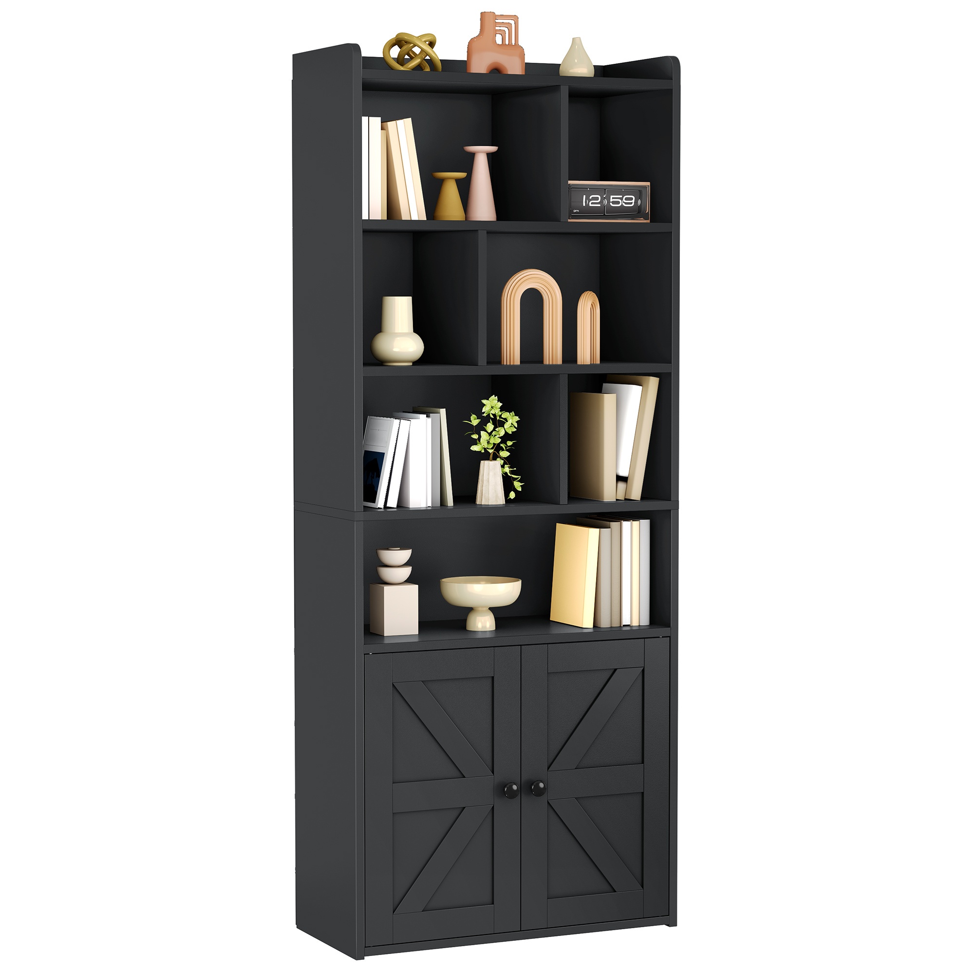4-tier Storage Bookshelf In Black, Freestanding Unit With Cabinet Doors And Open Top Space, Multipurpose Display Organizer 60x30x159cm For Indoor Use, Standing Shelf