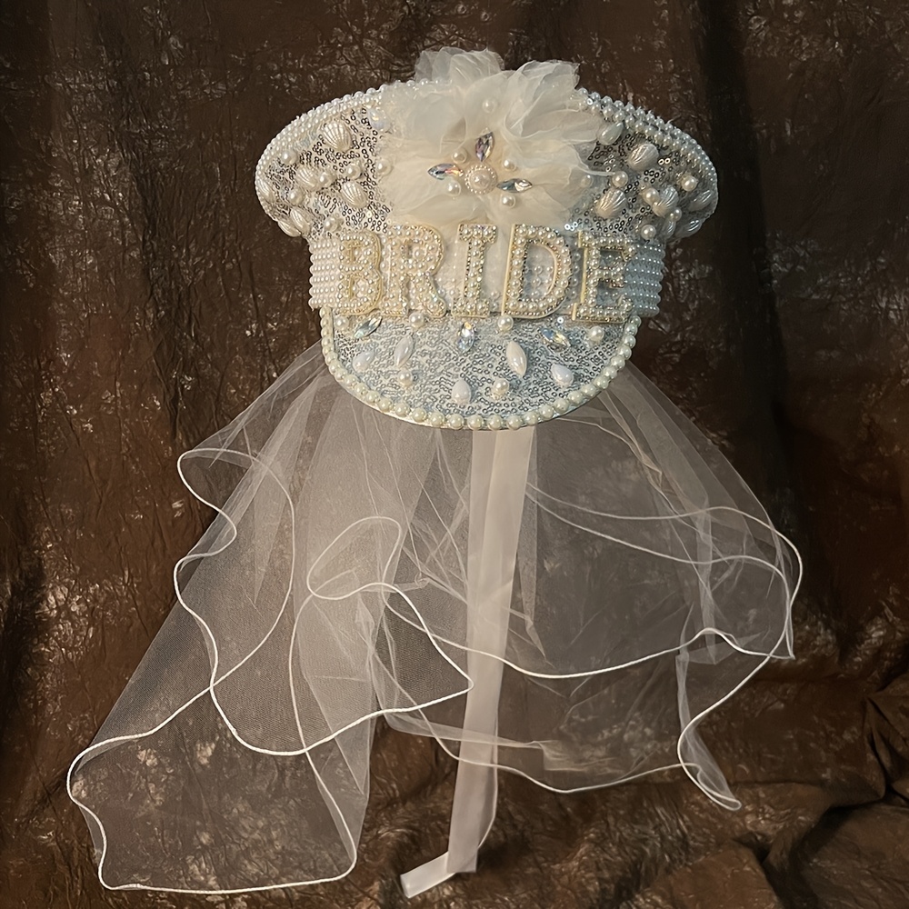 Silvery Bride  Captins Hat with Veil Rhinestone Elegant Bride Hat Captain Hat Bachelorette Hen  main image 2