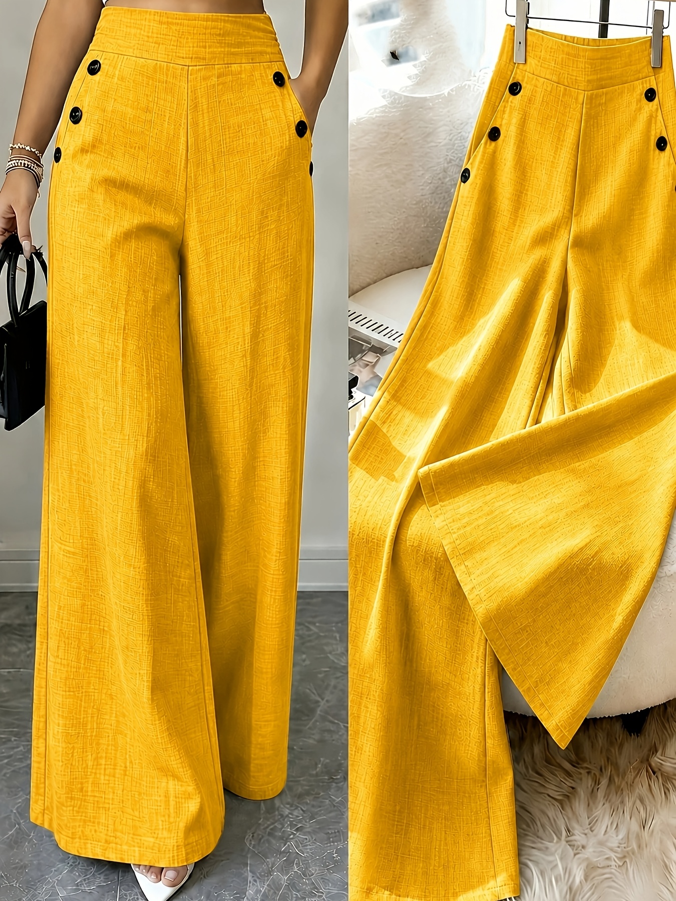imagen del artículo pantalones de mujer de tiro   y pierna ancha con decoraciones de botones  , pantalones holgados    , elegantes para desplazamientos y uso casual, ropa de negocios     y   (no   cinturón)