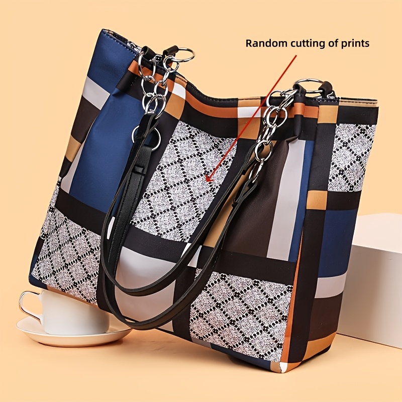 TEMU Vintage Casual Single-shoulder Bag For Women, Large Capacity Versatile Commuter Color-block Tote Handbag, Pattern Cut Random