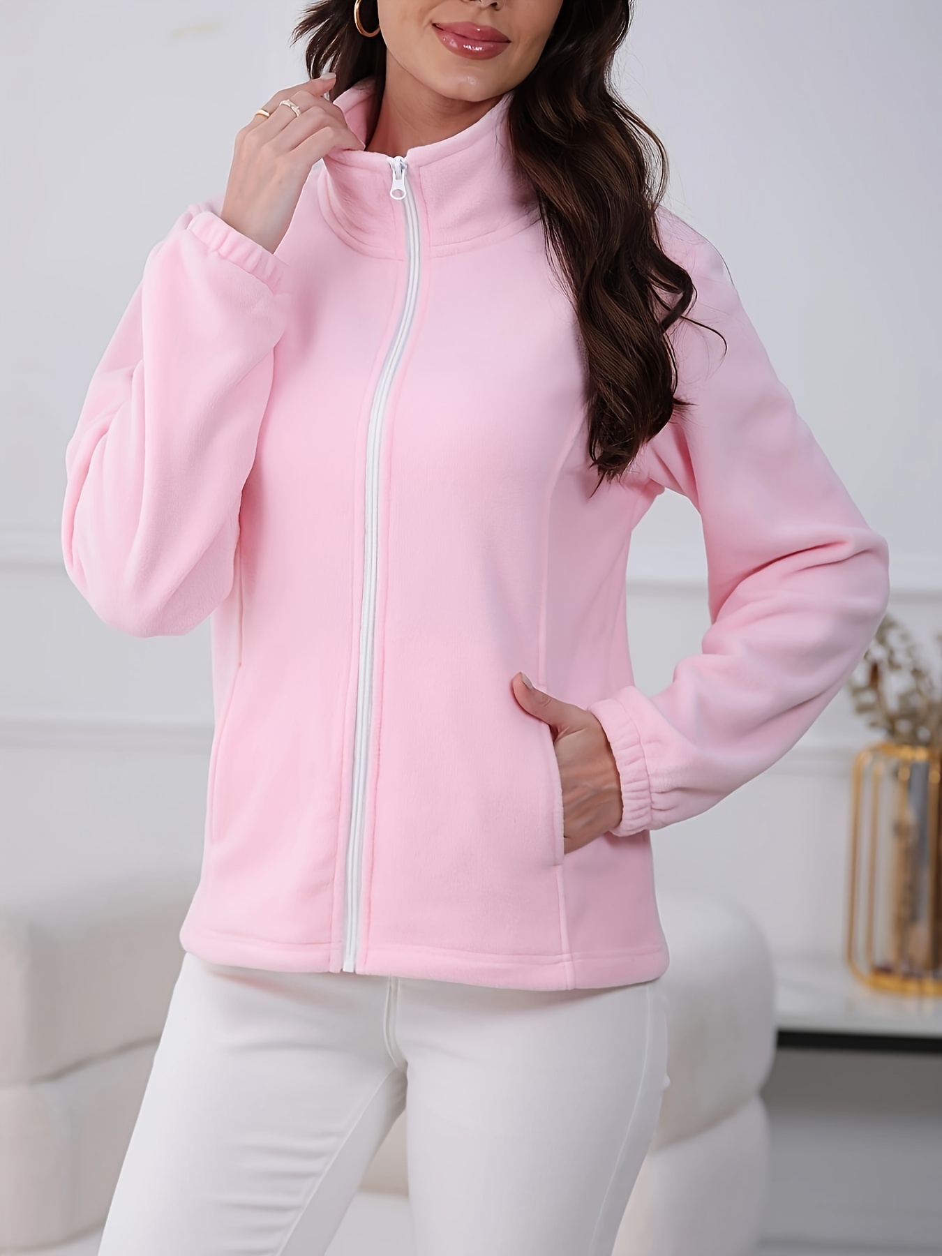 solid   up fluffy jacket casual long sleeve stand collar slant pockets jacket for fall winter womens clothing pink red color 1