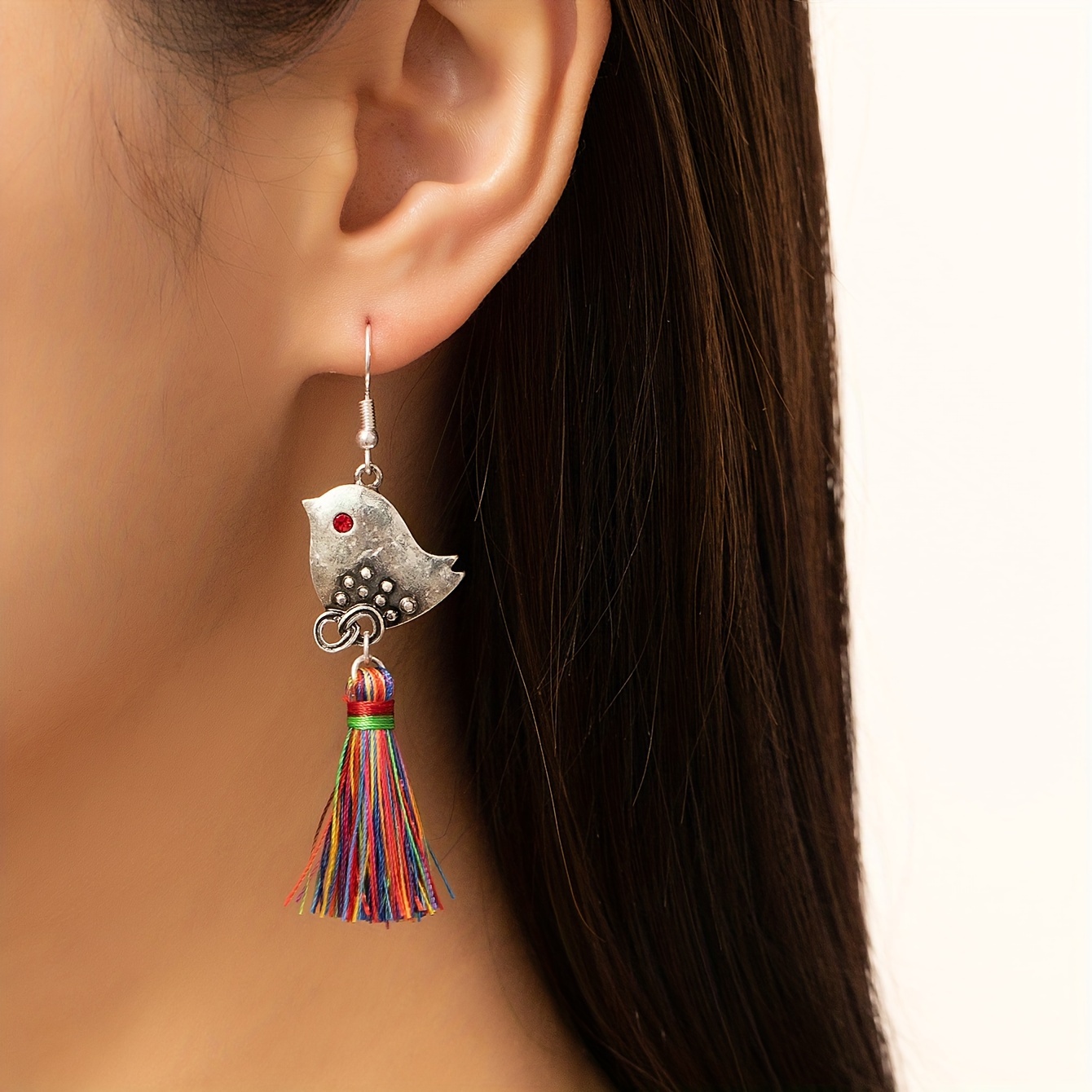 

Vintage Boho Bird Design Tassel Drop & Dangle Earrings, Zinc Alloy With Rhinestone Mosaic, Alloy Ear Needle, Non-feather, For Daily And Vacation Wear - Pair