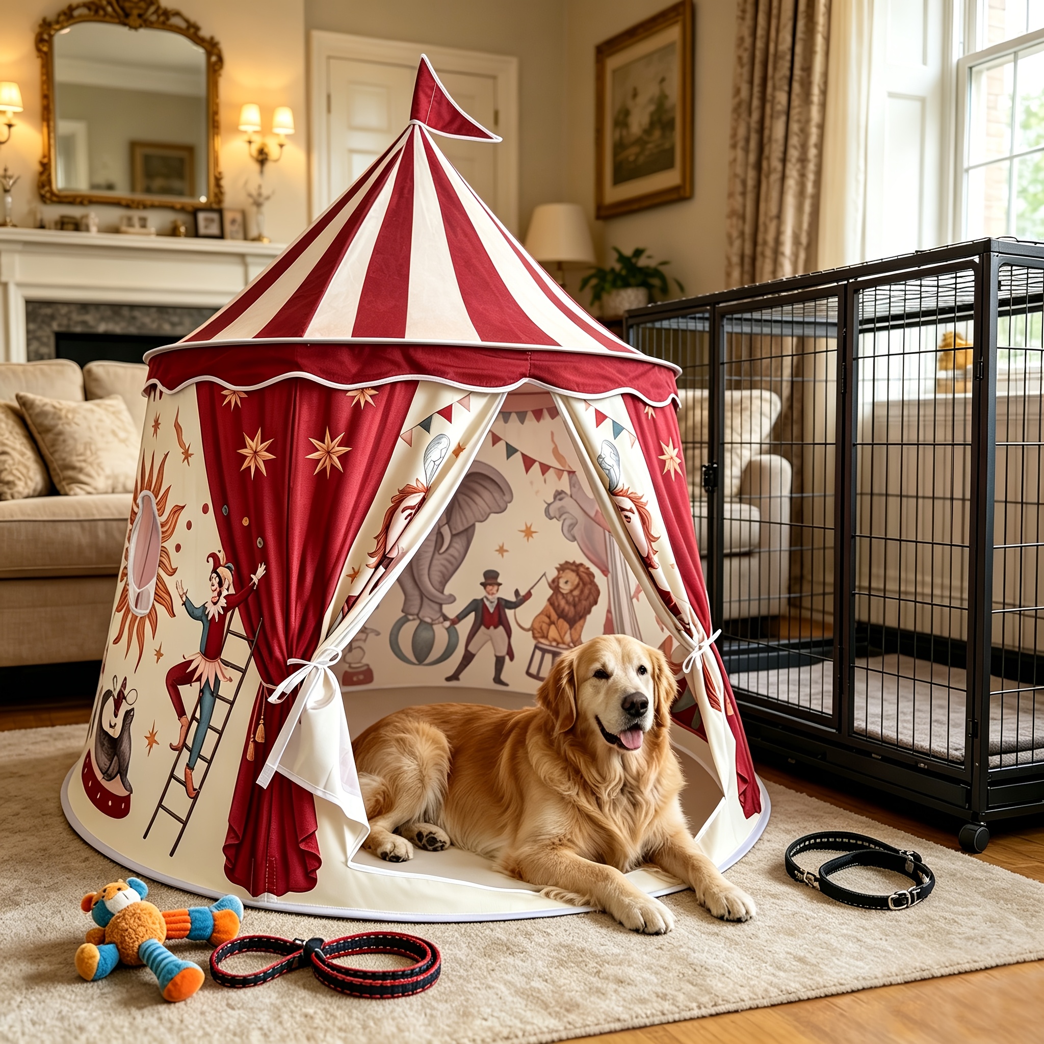 TEMU Luxury Cozy Castle Suitable For Small & Medium Pets - Circus Carousel Print Tent & Bed, Washable Fabric Indoor Tent/cave Suitable For ,