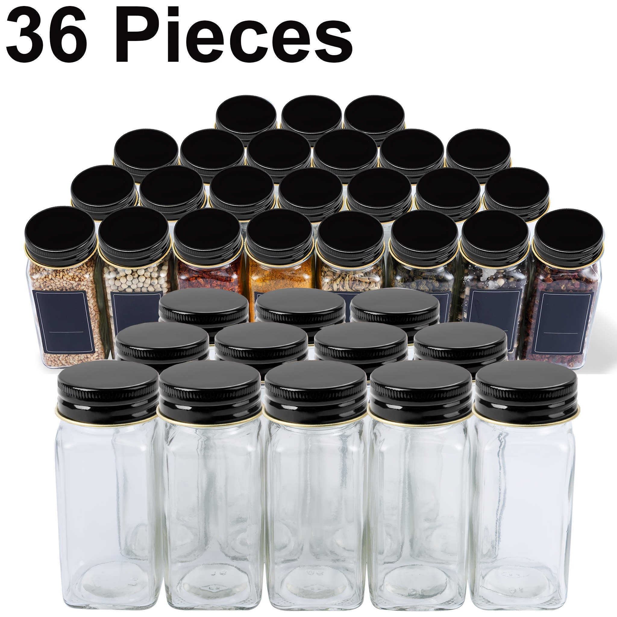 36x Spice Set, 120l Glass Spice Bottle S, Complete With Display Stickers, A Funnel And A Cleaning Brush. Black/silver/wood Cover