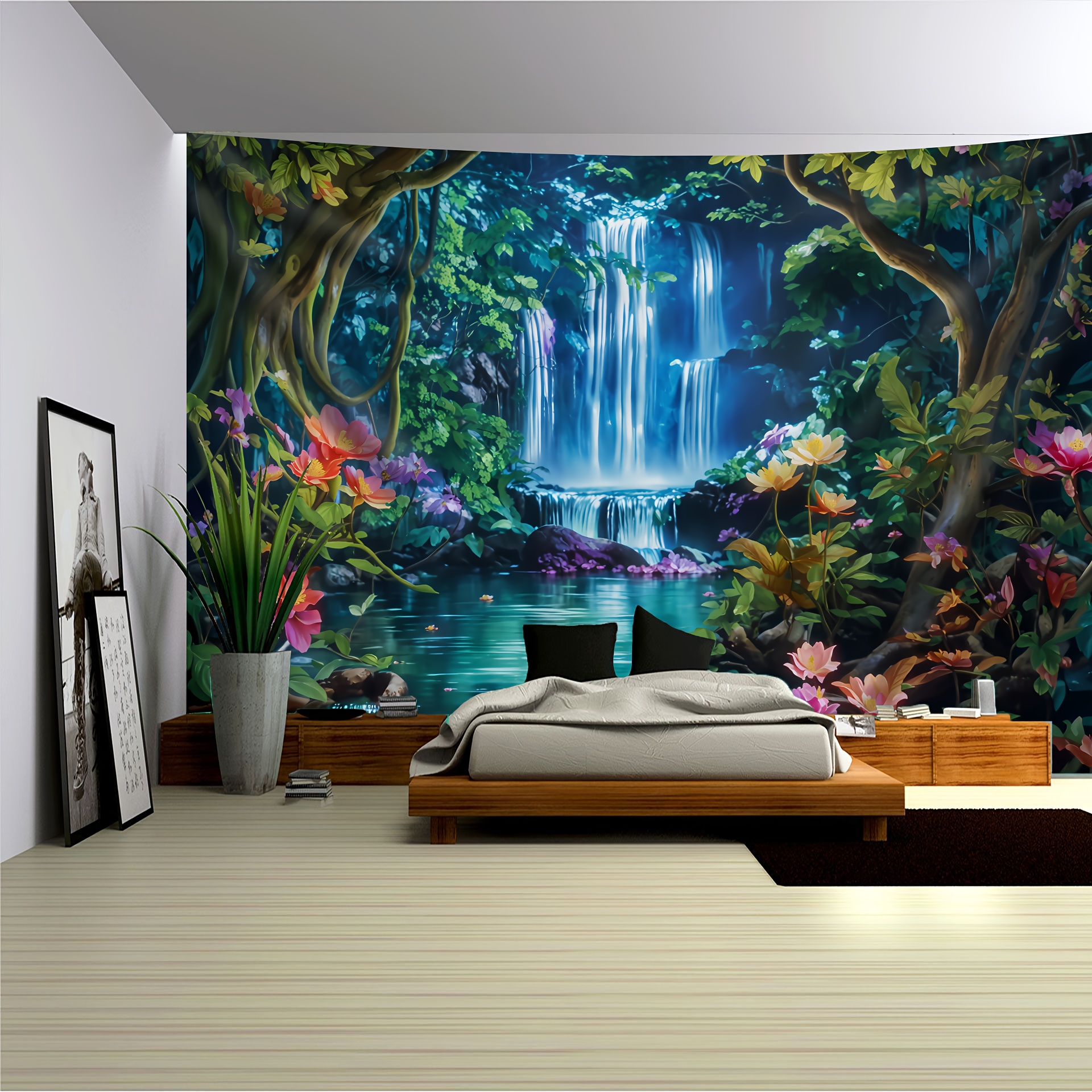 

1pc Forest Waterfall Tapestry, Large Size Photo Background, Bedroom Aesthetic Hanging Tapestry, For Bedroom Office Living Room Home Decor, With Free Accessories