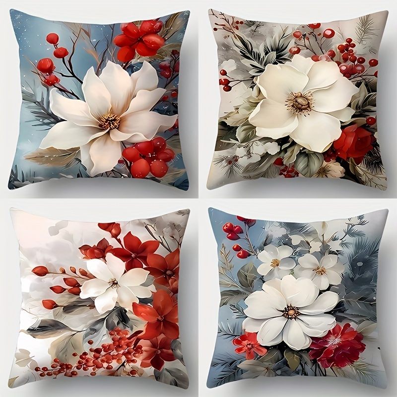 

Contemporary Floral 4-piece Pillowcase Set - Winter Collection, 17.7"x17.7", Zippered Polyester Cushion Covers For Sofa & Home Decor, Hand Wash Only - Inserts Not Included