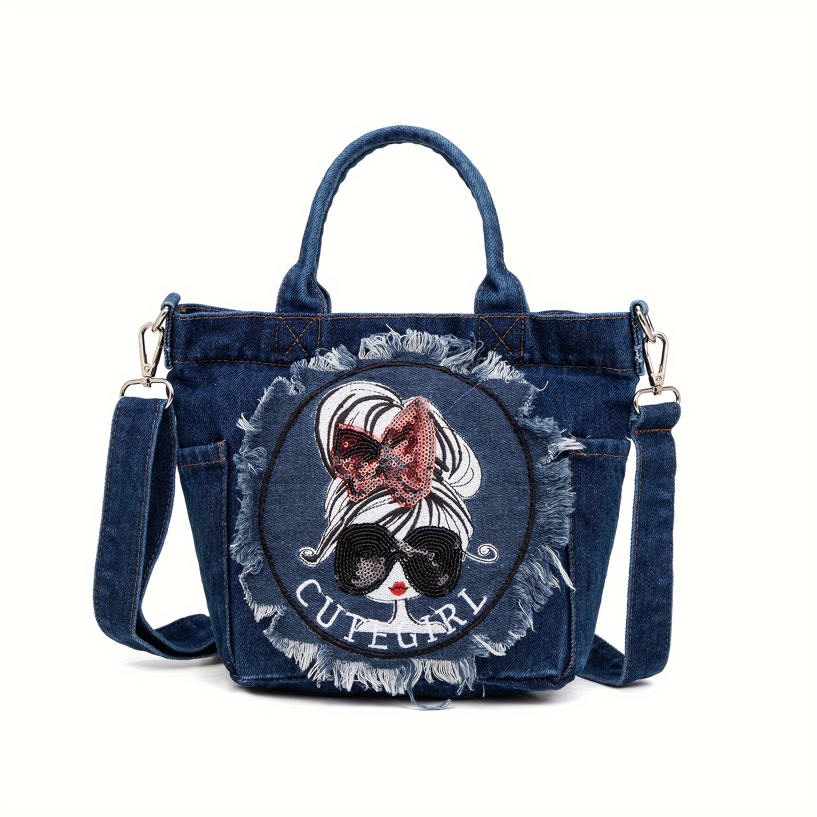 Casual Cowboy Denim Crossbody Bag with Cartoon Embroidery, Foldable Handbag with Adjustable Strap, Zipper Closure, Hand Washable - Asian Collection