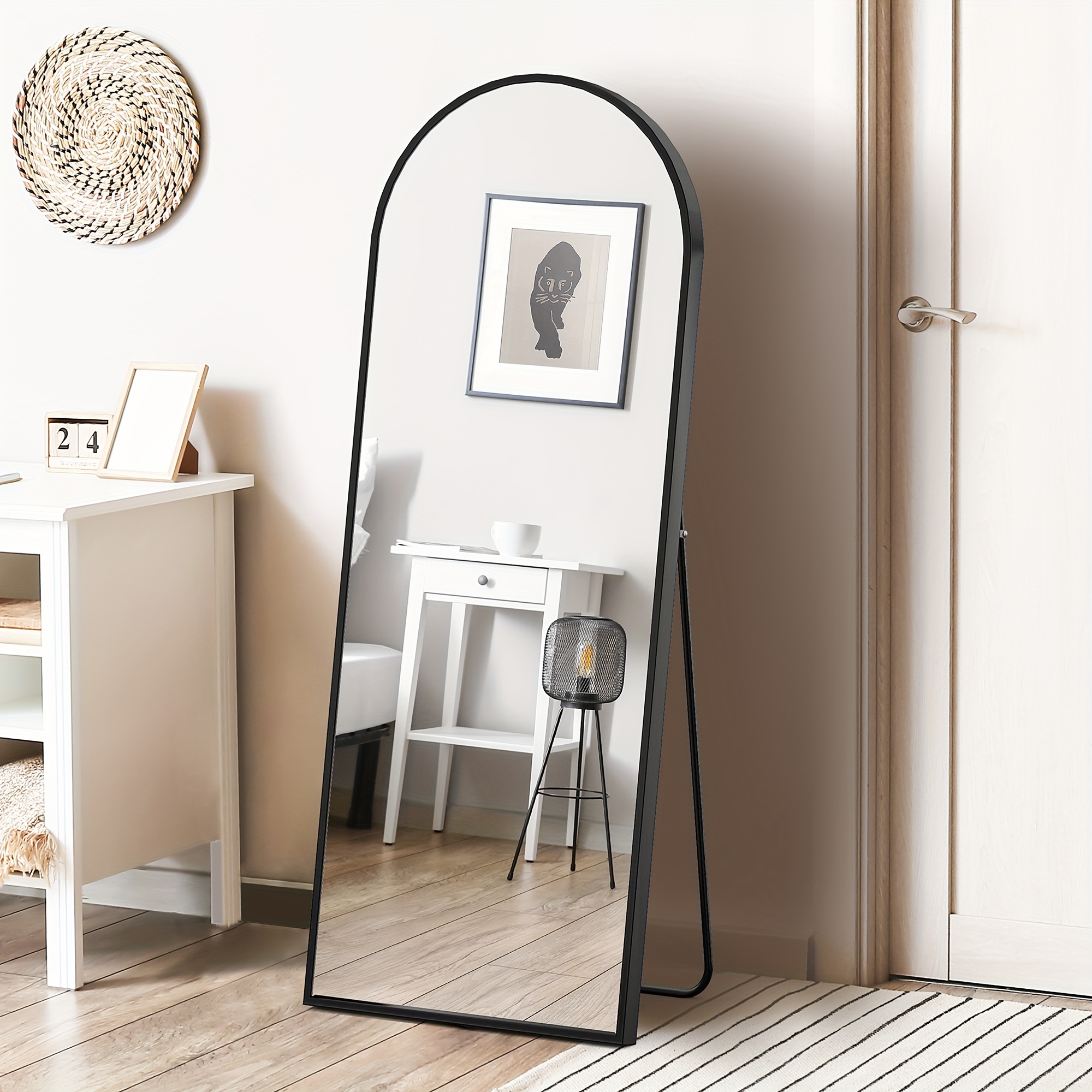 

Elegant 64"x21" Arched Full-length Body Mirror With Stand - Modern Black Aluminum Alloy Frame, Vertical Floor Or Wall Mount For Bedroom , Mirror Wall Decor