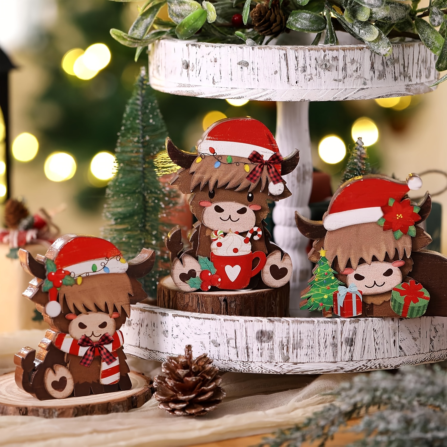 TEMU 3pcs Christmas Highland Cow Wooden Table Decorations Centerpieces Block Rustic Farmhouse Christmas Highland Cow Tiered Tray Tabletop Sign For
