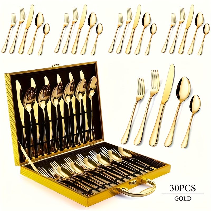 mothers day 30pcs deluxe golden stainless steel silverware with gift box set mirror polishing 6 people   forks and spoons flatware set exquisite wooden box packaging ideal for business gifts weddings celebrations banquets