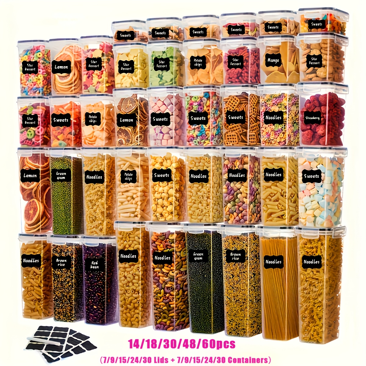 14 18 30 48 60 84pcs airtight food storage containers with lids bpa free plastic kitchen storage containers for rice spaghetti cereal pasta flour and sugar containers 7   24 30 42 lids 7   24 30 42containers kitchen accessories