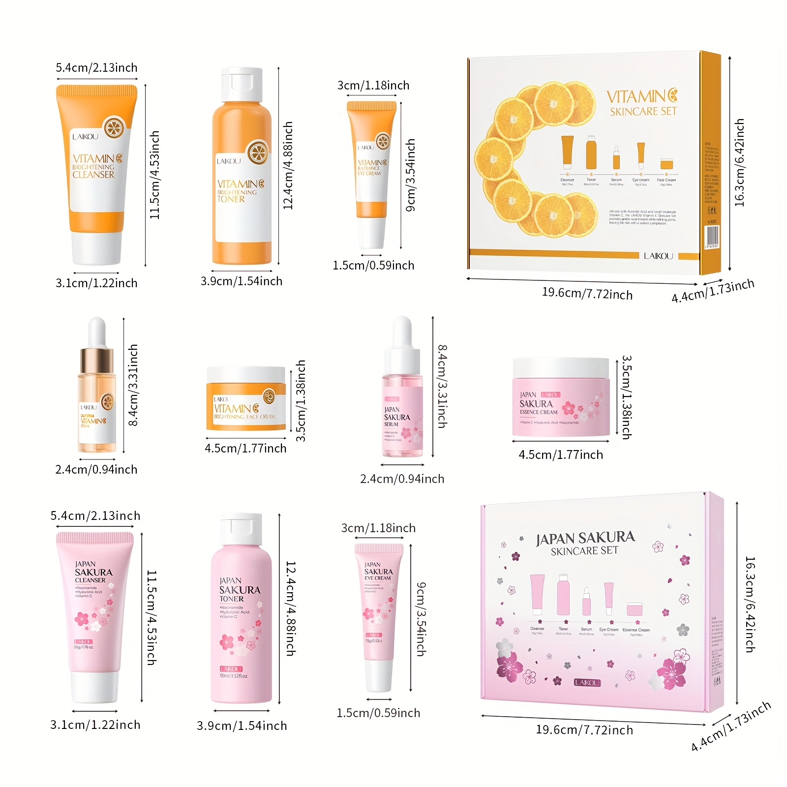 LAIKOU Vitamin C i Sakura Trešnjin Cvijet Svijetlo Bež Set za Njegu za Žene i Muškarce - Dnevni i Noćni Rutinski Komplet s Serumom Vitamina C za Posvjetljivanje i Sakura Proizvodima za Hidrataciju - Prikladno za Sve Tipove Svijetlo Bež Kože (Osjetljiva, Suha, Masna) - Idealno